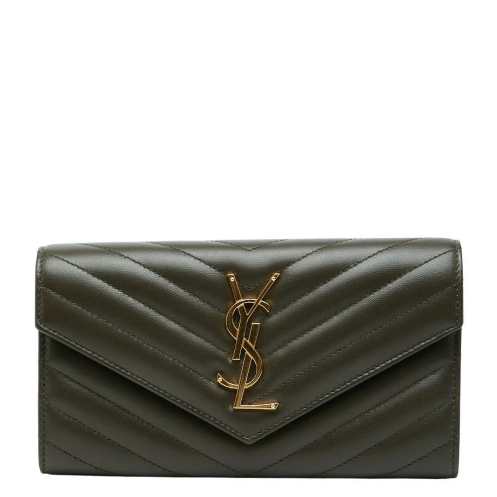 Saint Laurent Cassandra V stitch Long Wallet Khaki Brown Green Leather
